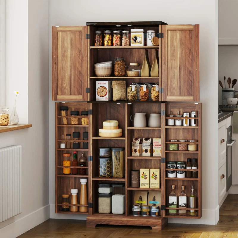 64" Tall Kitchen Pantry Cabinet with Spice Racks and Adjustable Shelves, Brown Wood Grain