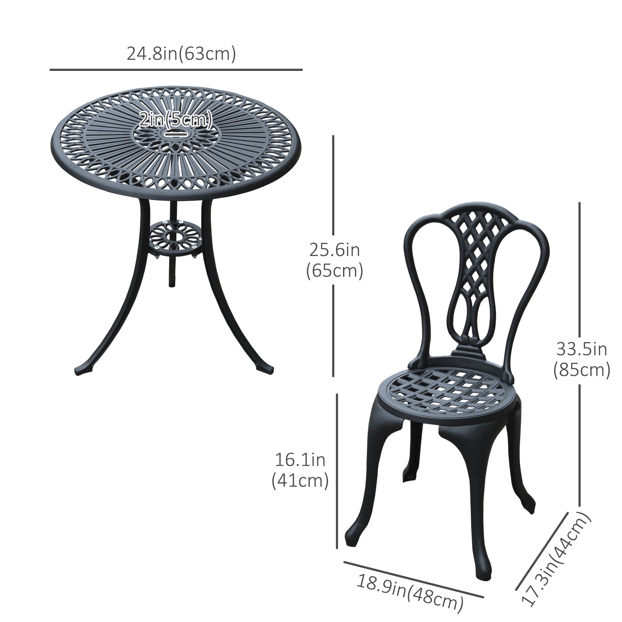 Outsunny 3 Pieces Antique Outdoor Bistro Set Cast Aluminum Patio Table and Chairs with Umbrella Hole Black