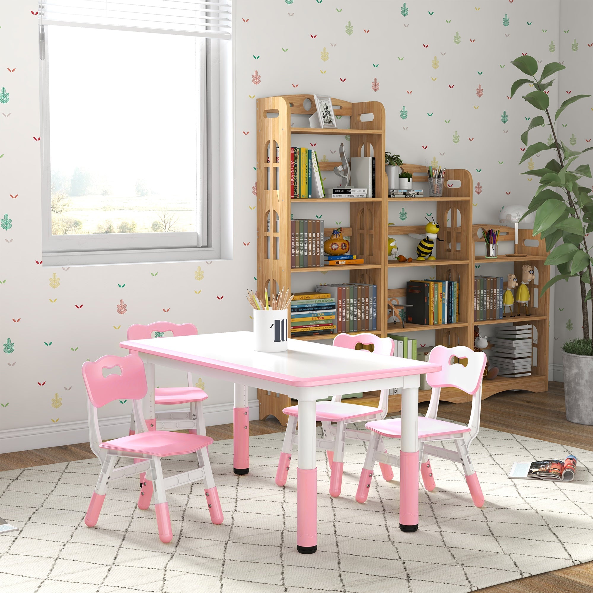 Qaba Kids Table & 4 Chair Set: Adjustable Height, Durable, Easy Clean for Toddlers in Pink