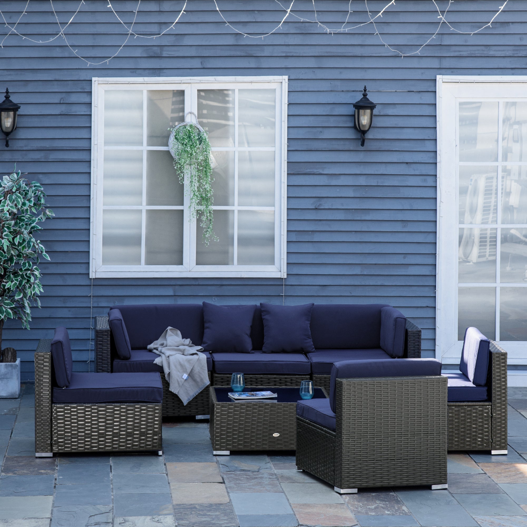 Outsunny Patio Dining Sets, 7-Piece Outdoor Sofa Set with Deep-Seat Cushions for All Weather Backyard Leisure, Navy Blue