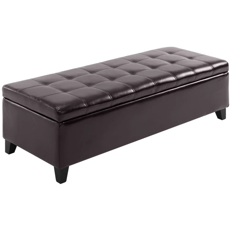 Storage Ottoman Bench, Foot Rest with Solid Wood Legs, 51 Inches PU Leather Storage Chest for Living Room, Brown