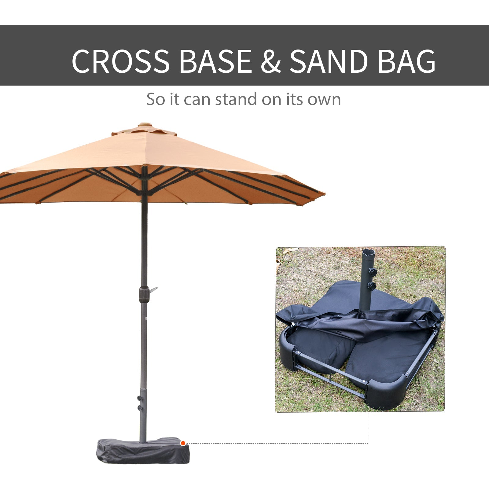 Outsunny 15' Outdoor Patio Umbrella with Twin Canopy Sunshade Steel Table Umbrella w/ Lift Crank, Cross base, Sandbag, Brown