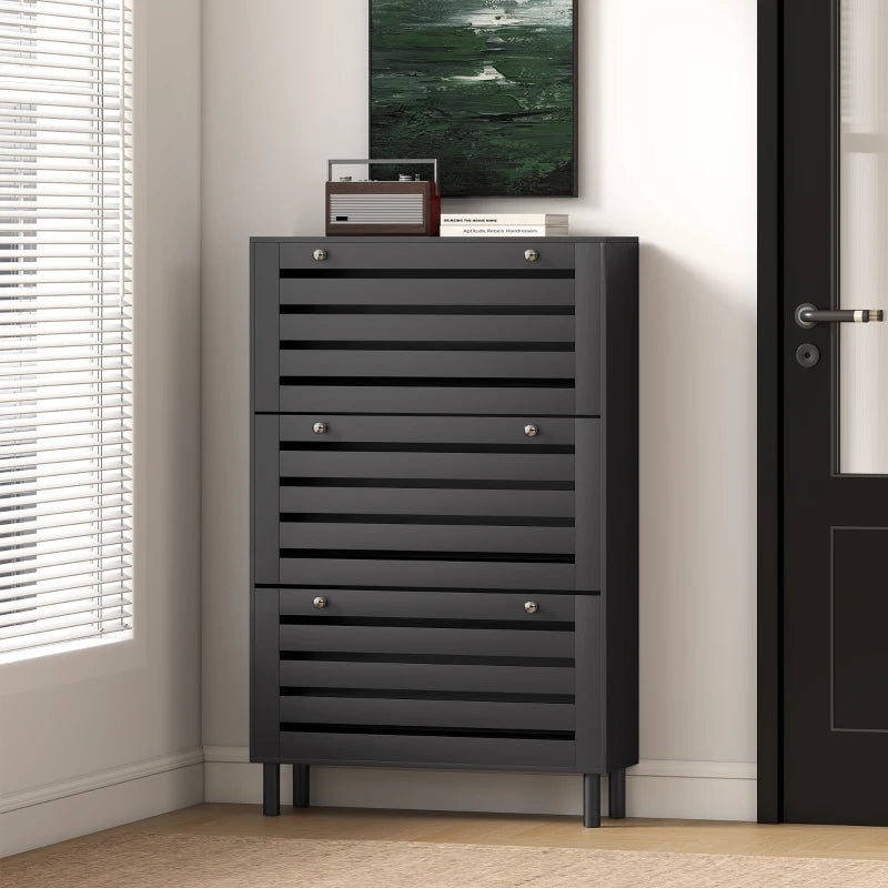 Narrow Shoe Storage Cabinet, 3 Flip Drawers, Adjustable Shelves, 18-24 Pairs Capacity, Black