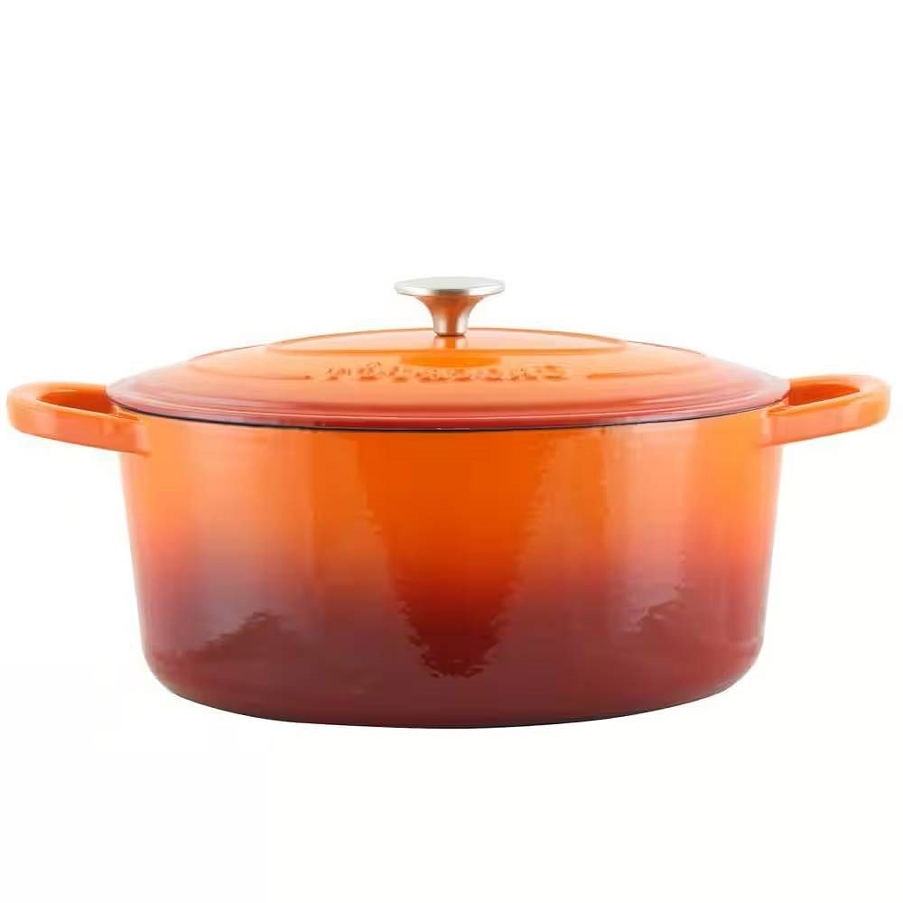 7-Quart Enameled Orange Sunburst Cast Iron Dutch Oven with Lid - Free Shipping