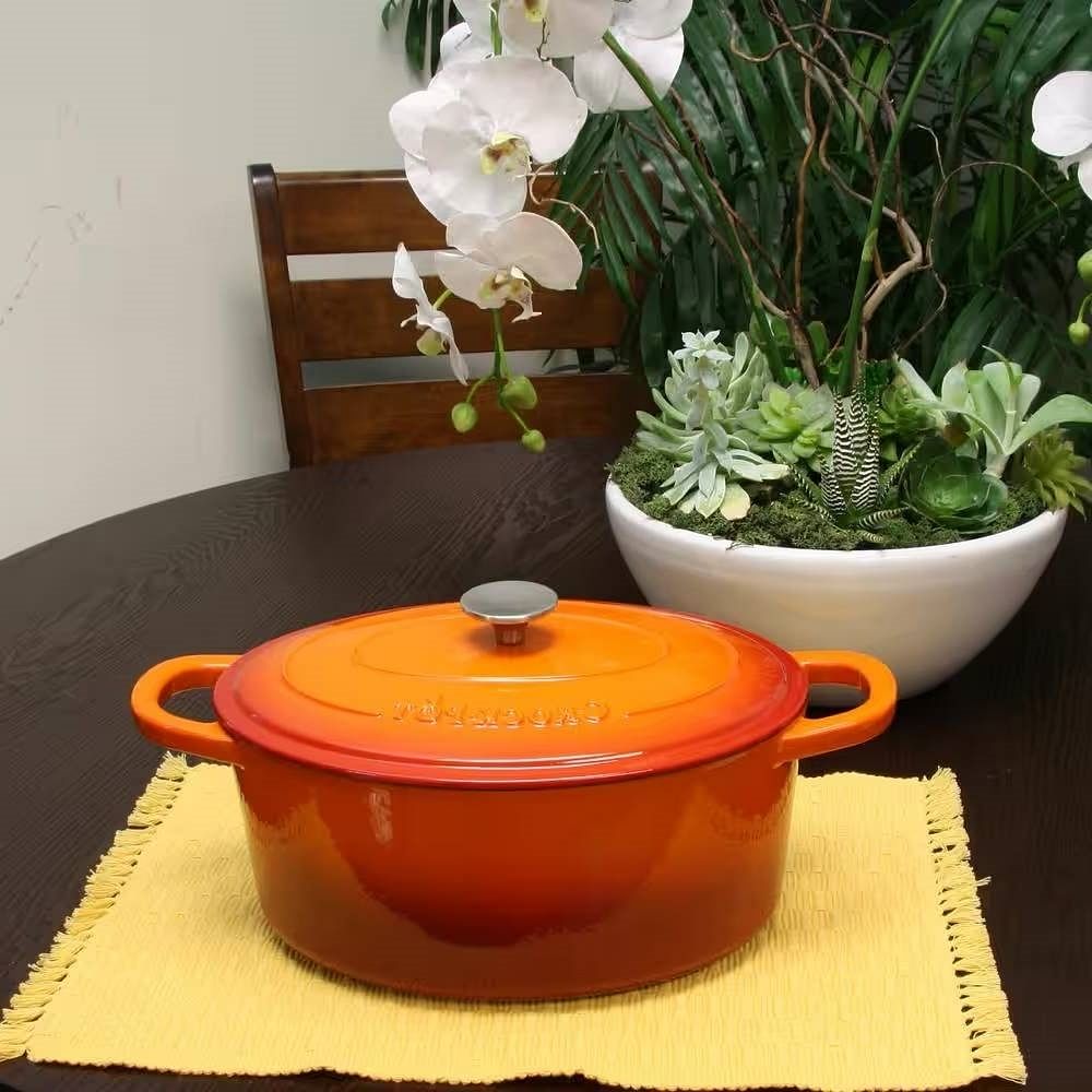 7-Quart Enameled Orange Sunburst Cast Iron Dutch Oven with Lid - Free Shipping