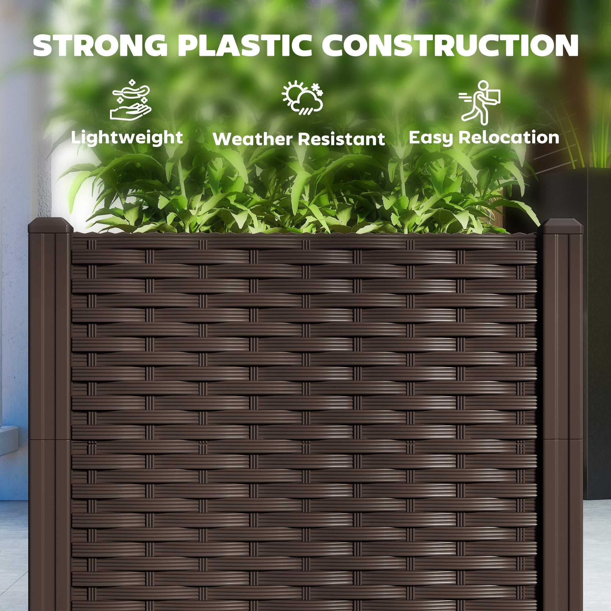 Outsunny Plastic Raised Garden Bed, Outdoor Planter Box with Drainage Holes for Patio, Balcony, 63" x 15.7" x 14.6", Brown
