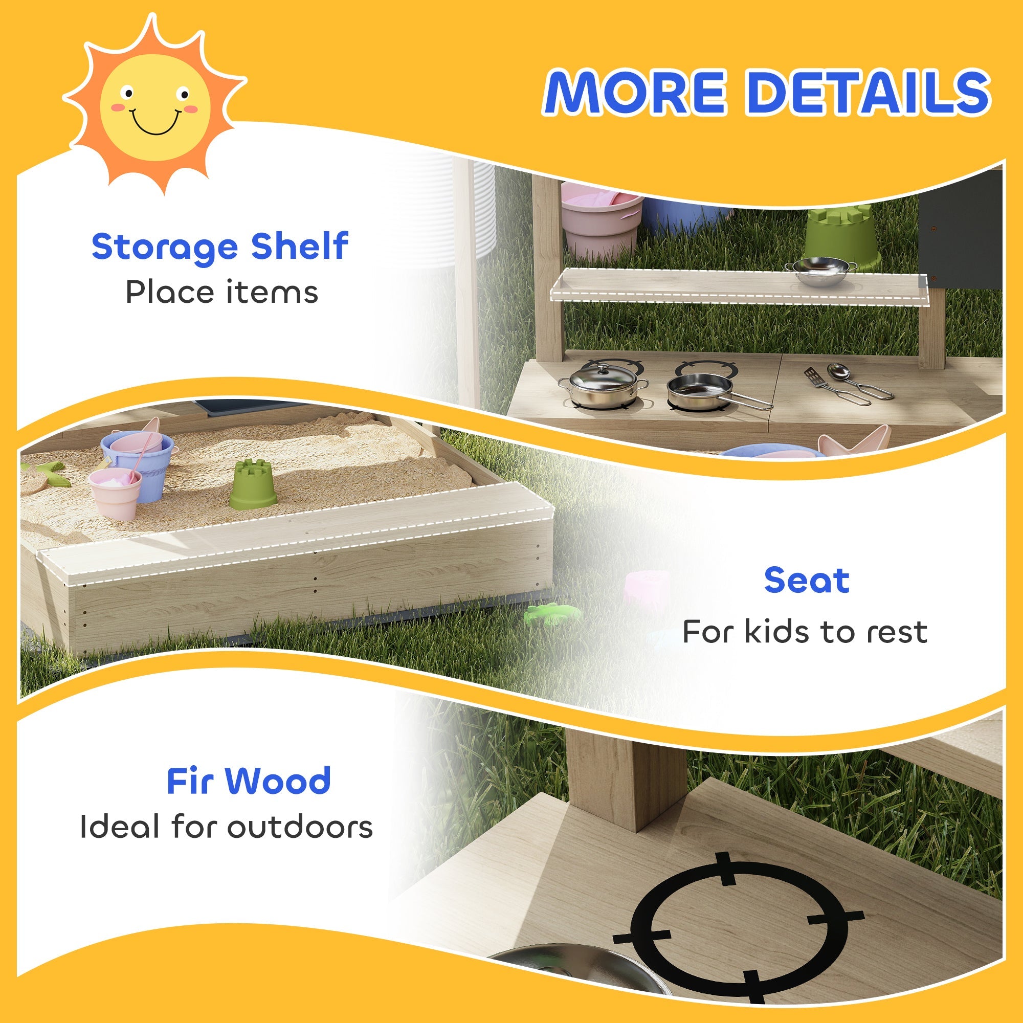 Outsunny Kids Sandbox with Cover Kitchen Playset Toys, Wooden Sand Box with Seat, Storage, for 3-7 Years Old, Natural Wood