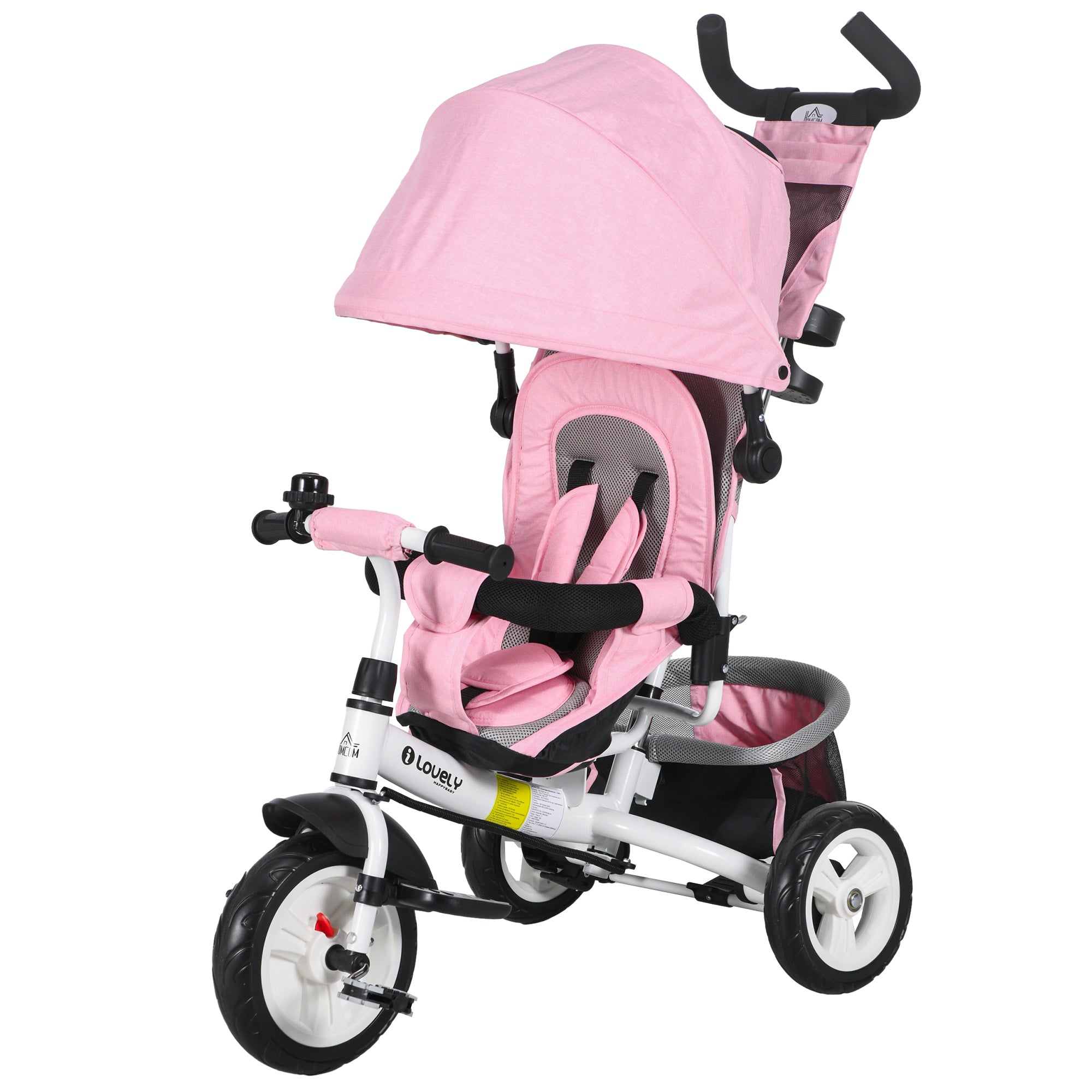 Qaba Convertible 4-in-1 Toddler Tricycle with Parent Handle for Kids 1-5 Years Outdoor Play Pink
