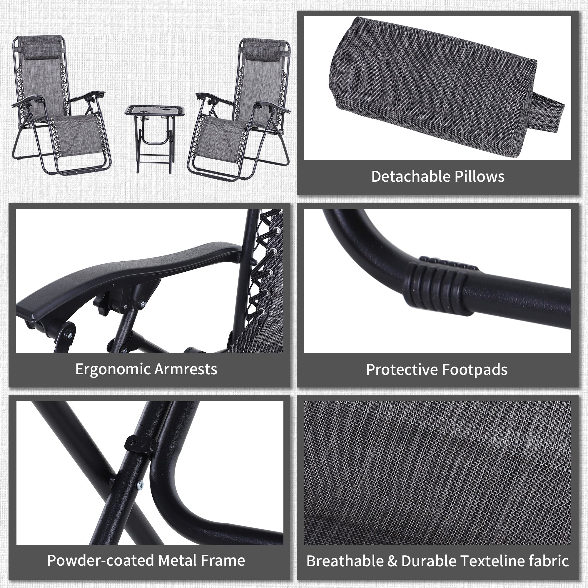 Outsunny Gravity-Defying Comfort: 3pcs Zero Gravity Lounger Chair Set, Patio Chaise Lounge with Side Table, Cup Holder, Dark Grey