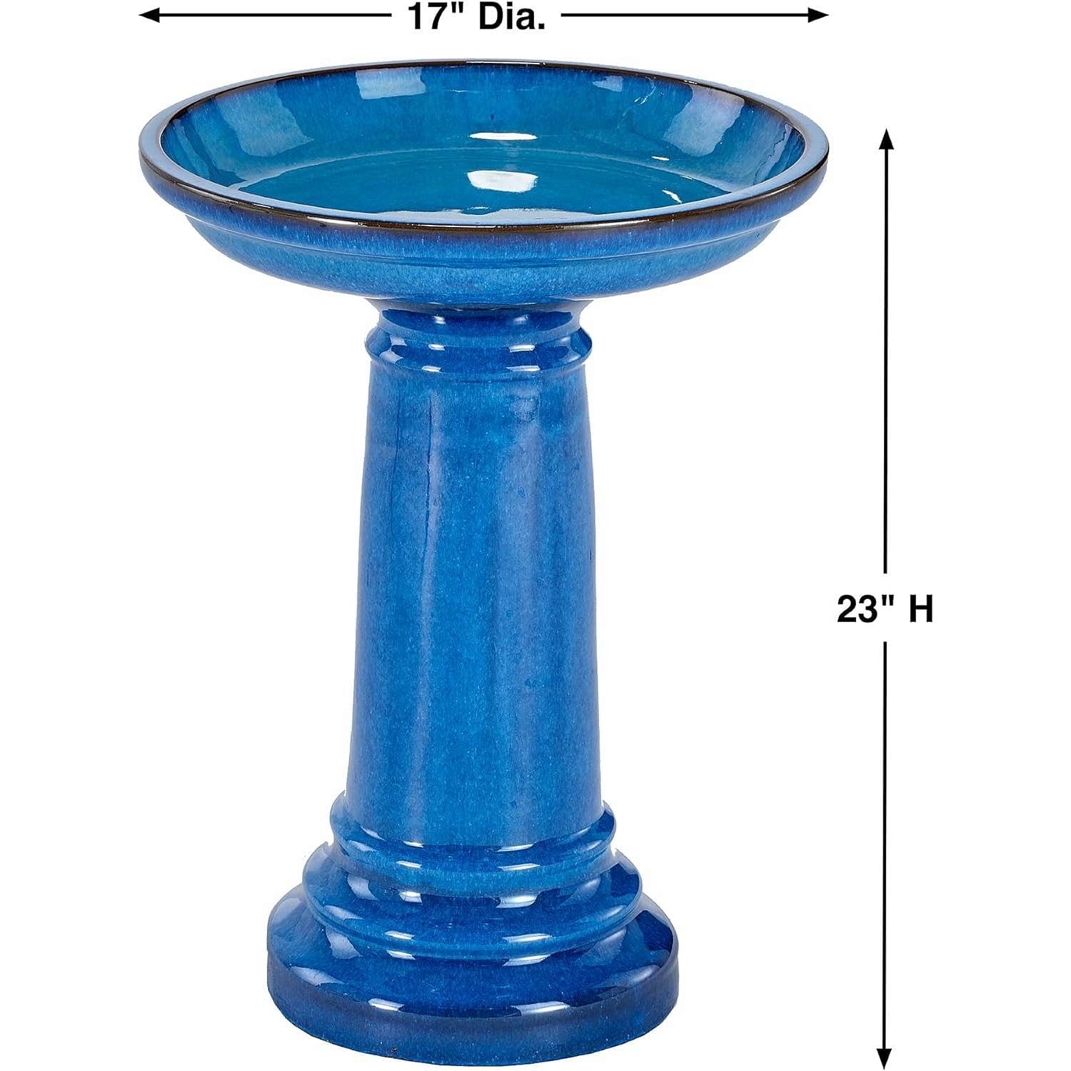 2 Gallon Blue Ceramic Traditional Outdoor Patio Garden Birdbath - Free Shipping