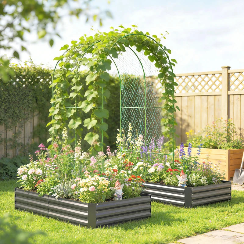 Metal Raised Garden Bed with Trellis, Galvanized Garden Bed Kit Outdoor Garden Box with Trellis, Dark Grey