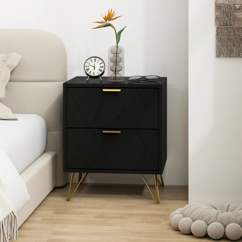 Modern Bedside Table, Accent Nightstand with 2 Drawers, Bed End Table for Bedroom, Black
