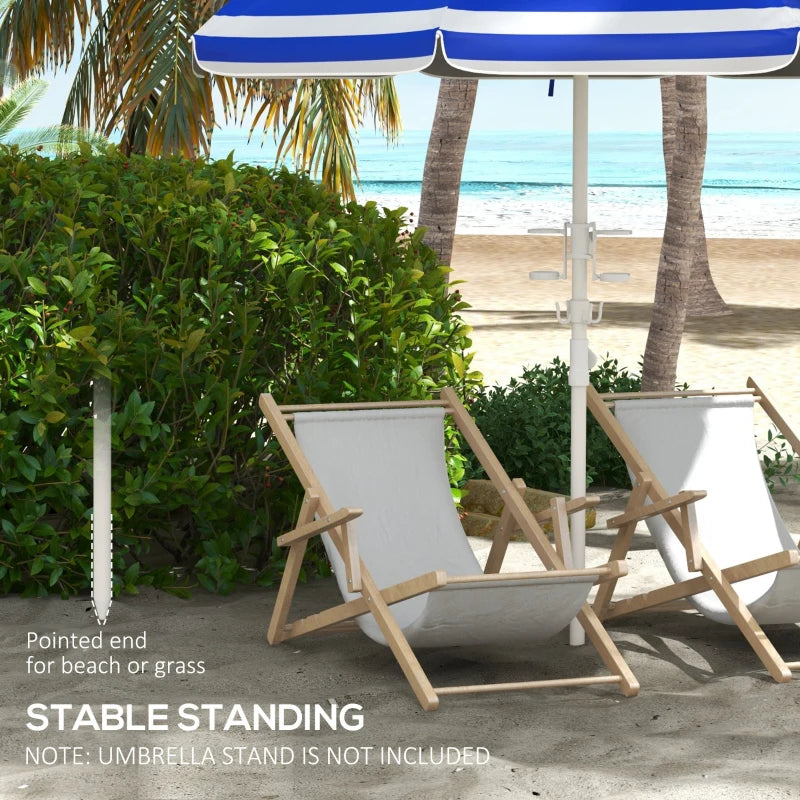 5.7' Beach Umbrella for Travel with Tilt, Adjustable Height, 2 Cup Holders, Hook, Vent, Ruffles, Blue and White