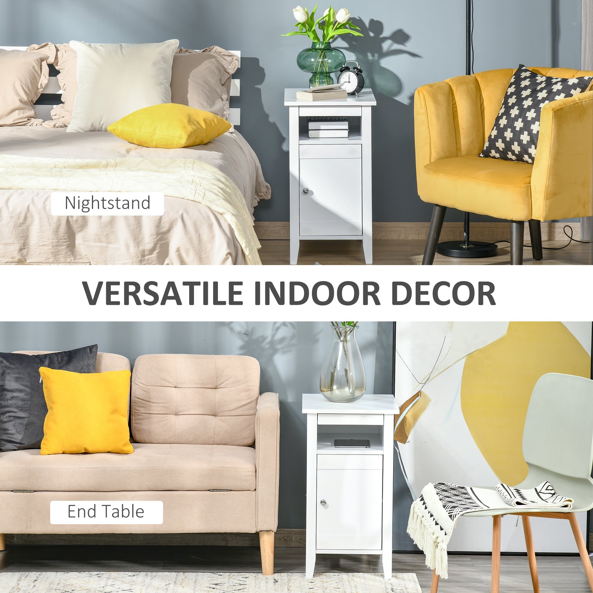 HOMCOM Chic Side Table: Accent End Table with Open Shelf and Cupboard, Sofa Side Table with Storage for Living Room, Crisp White