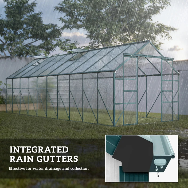 Aluminum Greenhouse Polycarbonate Walk-in Garden Greenhouse with Sliding Door, 20' x 8', Green