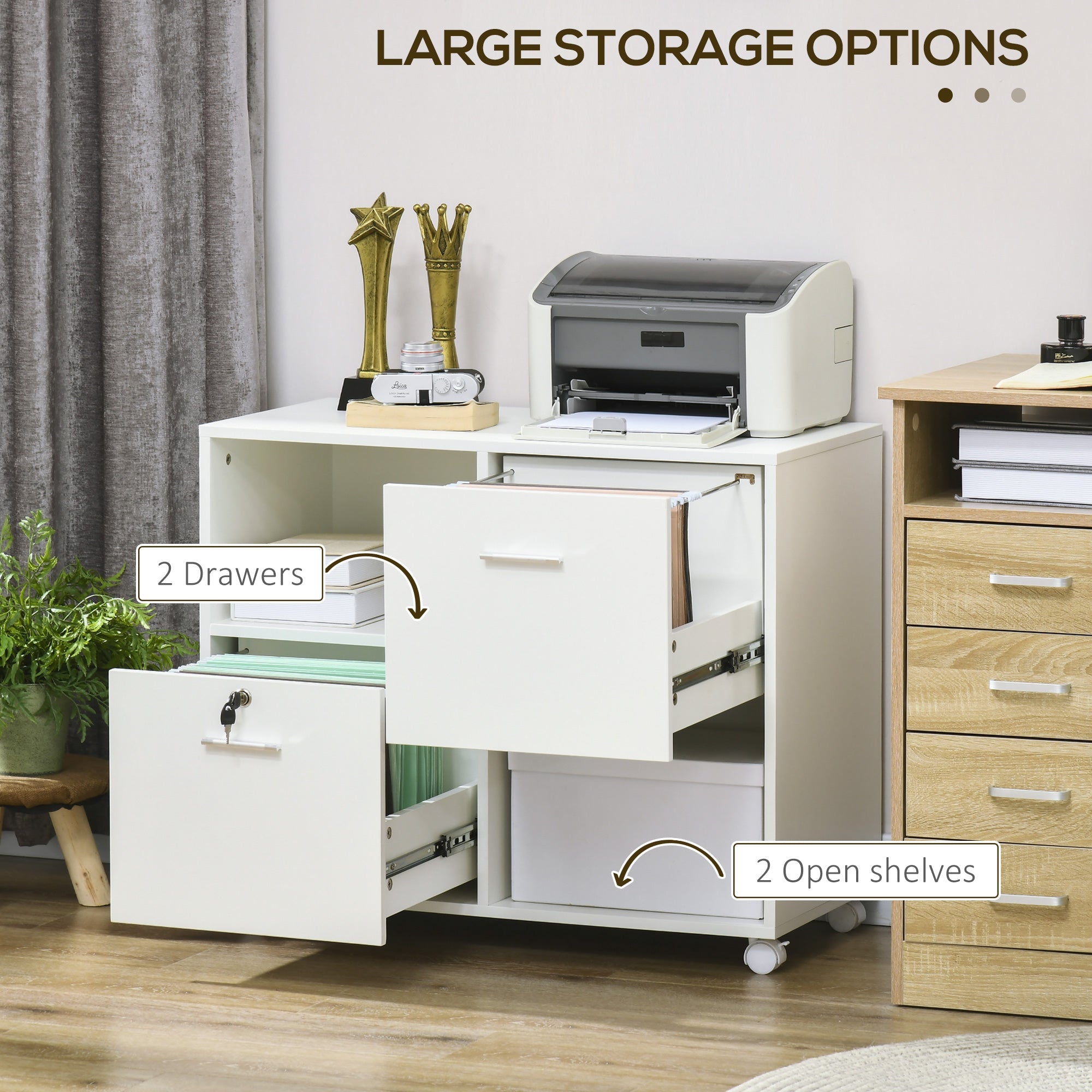 Vinsetto Lateral File Cabinet: Drawers, Lock, Open Shelves, Wheels for A4/Letter Size, White