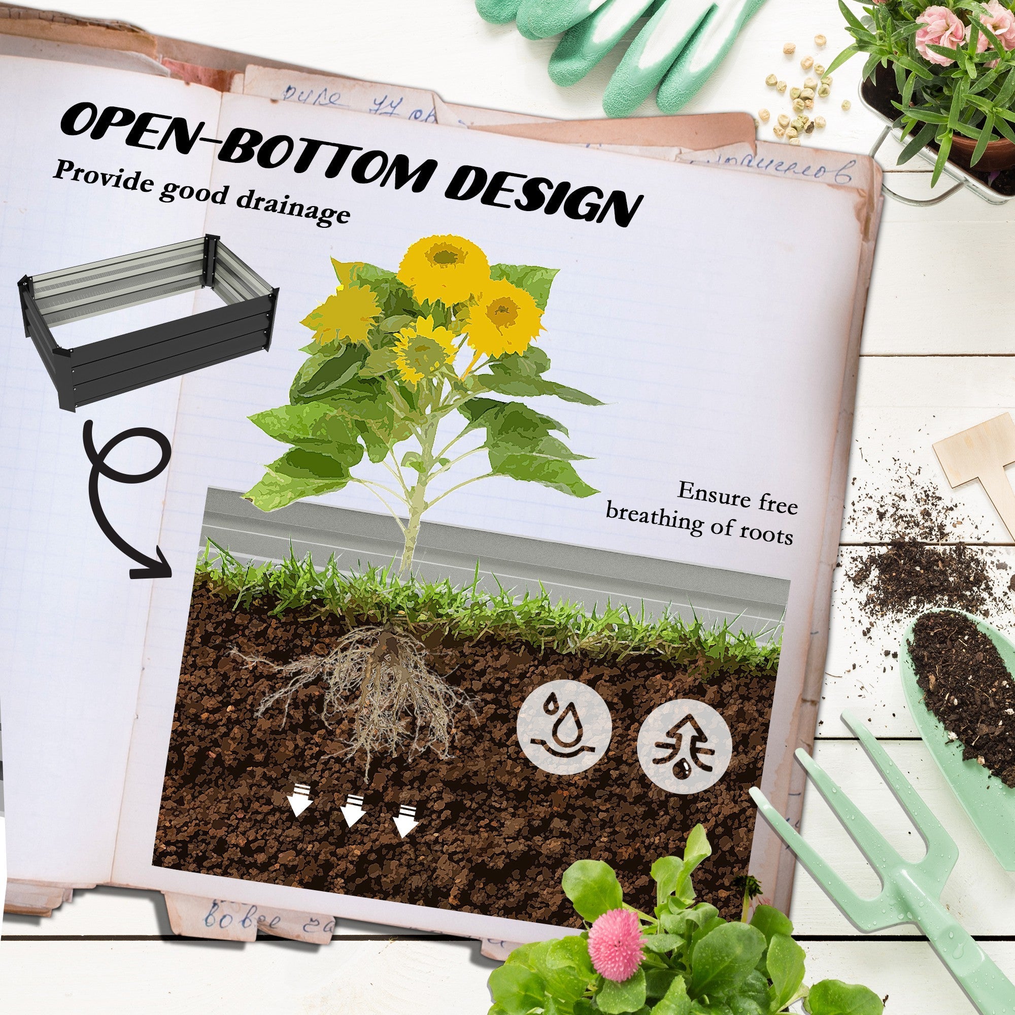 Outsunny Set of 2 Galvanized Raised Garden Beds in Grey - Outdoor Planter Boxes for Flowers, Herbs & Vegetables