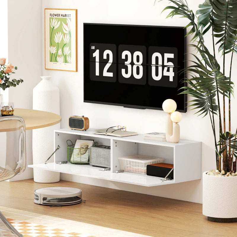 Floating TV Stand with Storage Cupboards for 45, 55, 65in TVs, Wall Mounted TV Console Entertainment Unit, White