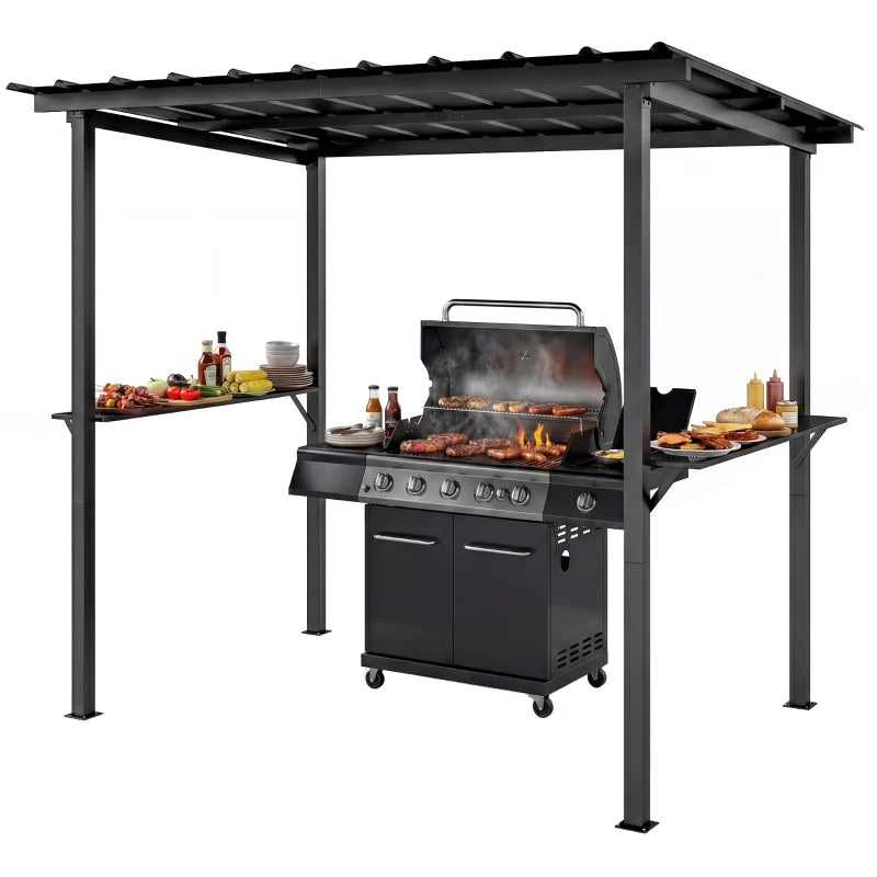 9' x 6' Hardtop Grill Gazebo, BBQ Gazebo with 2 Side Shelves and Galvanized Metal Slope Roof, Black