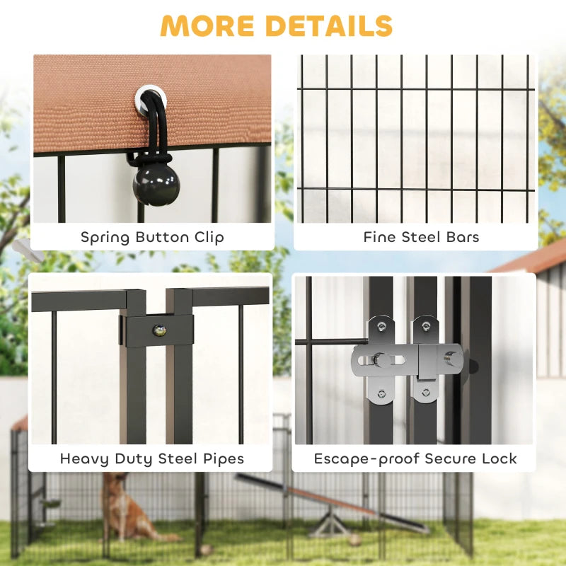 Outdoor Dog Kennel with Rotating and Adjustable Height Bowls, Waterproof UV-Resistant Cover, 11.3' x 4.7' x 5.1'