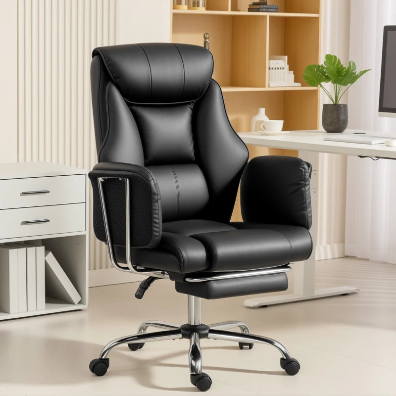 Reclining Office Chair, Overstuffed Executive Desk Chair with High Back, PU Leather, Footrest, Swivel Wheels, Black