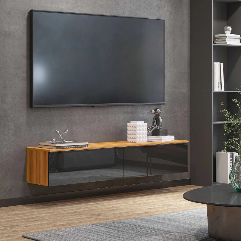 Wall Mounted TV Stand, Floating TV Cabinet with Storage, for TVs up to 70", High Gloss Effect, Brown and Black