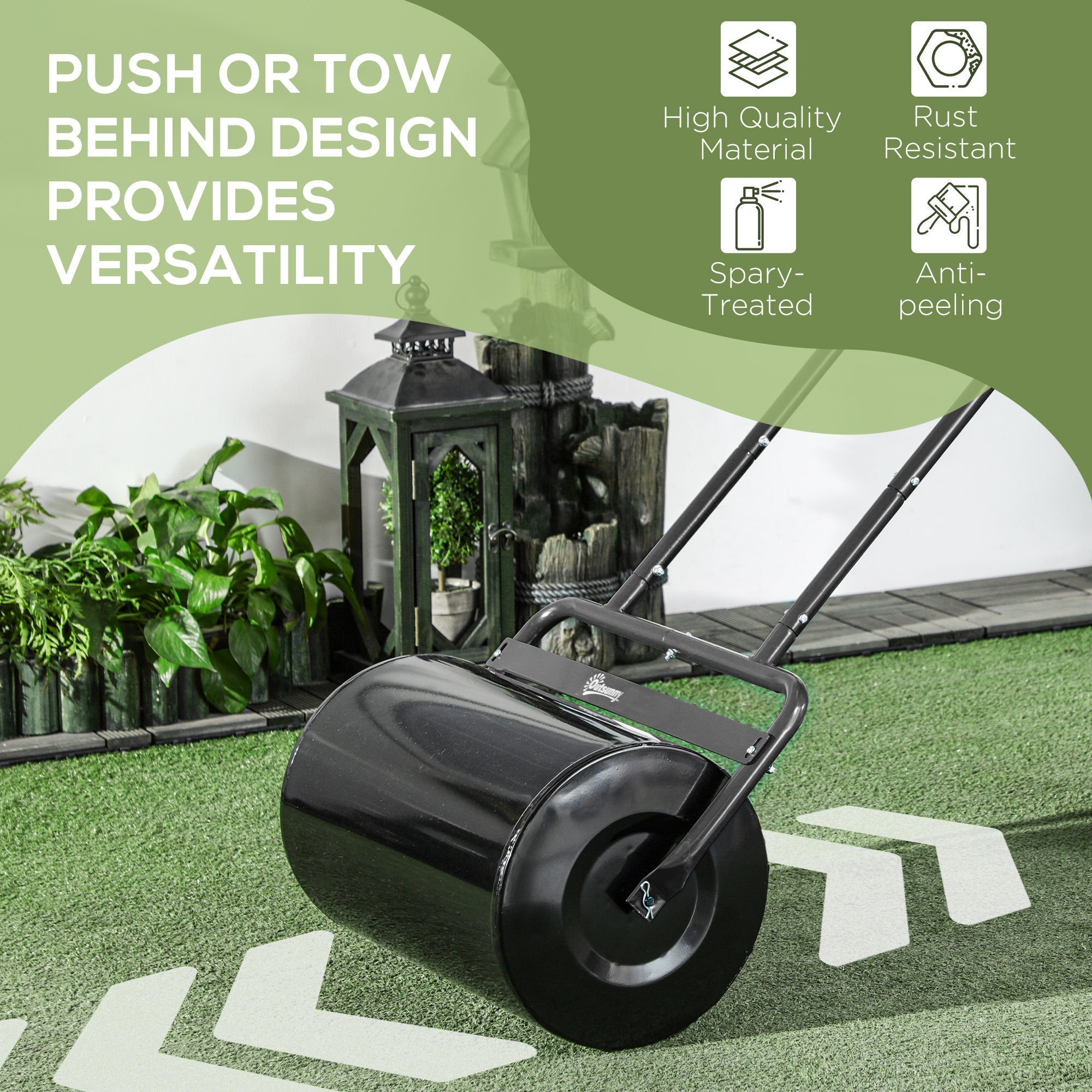 Outsunny 20" Heavy Duty Lawn Roller - Push/Tow Behind, Black, for Sod & Grass Flattening with 10gal Water/136lbs Sand