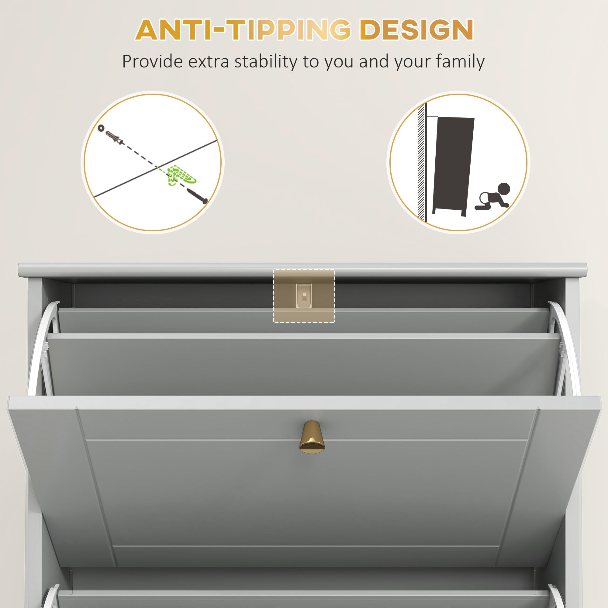 HOMCOM Narrow Shoe Storage with 3 Flip Drawers and Adjustable Shelves, Shoe Cabinet Organizer for 12 Pairs of Shoes, Grey