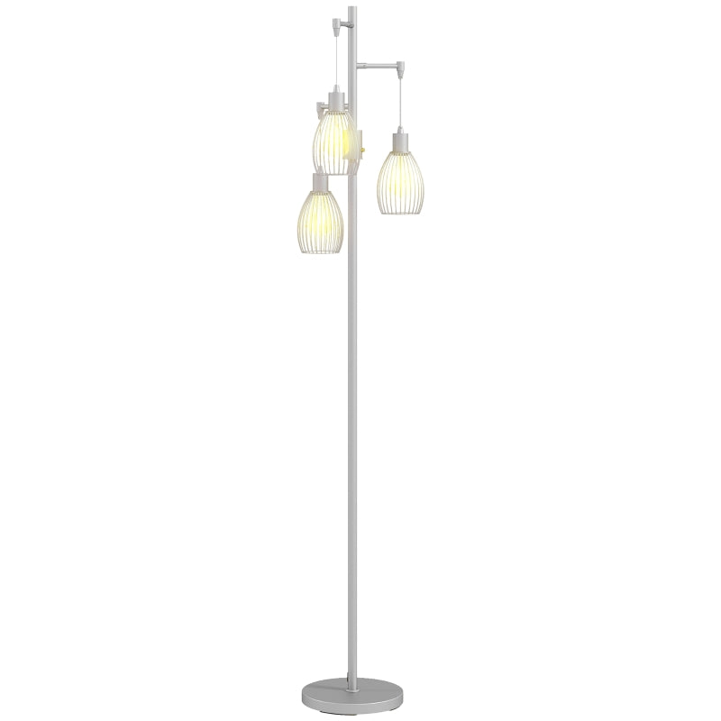 Industrial Floor Lamp with 3 Hanging Wire Lampshades, Dimmable Standing Lamp for Living Room, Silver