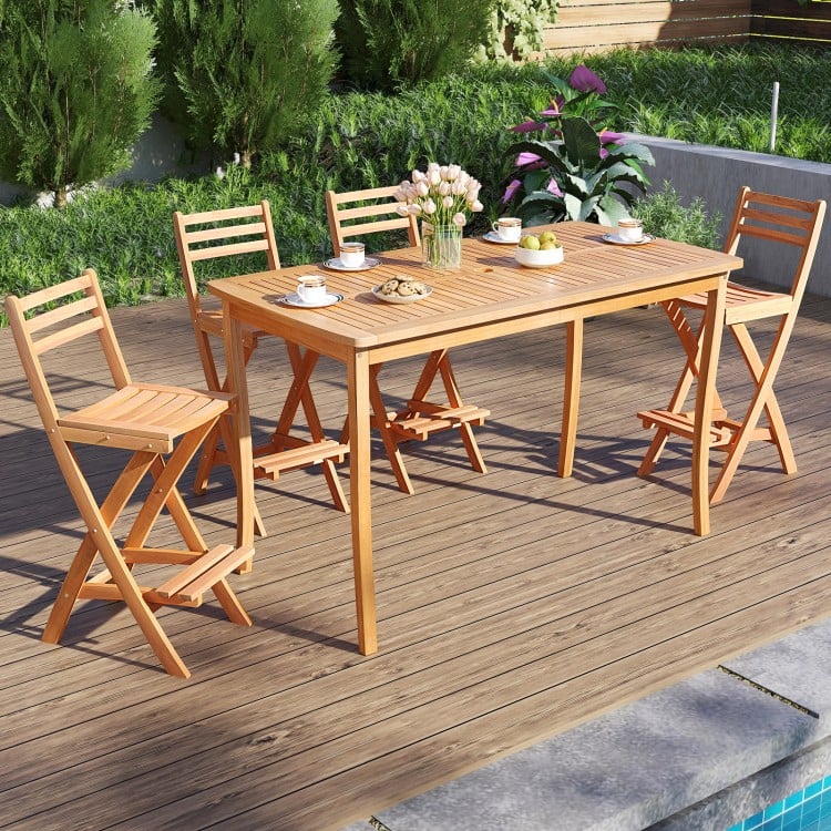 Acacia Wood Bar Height Chair with Backrest and Footrest for Backyard-Set of 2
