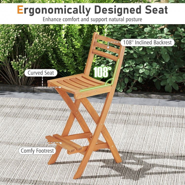 Acacia Wood Bar Height Chair with Backrest and Footrest for Backyard-Set of 2