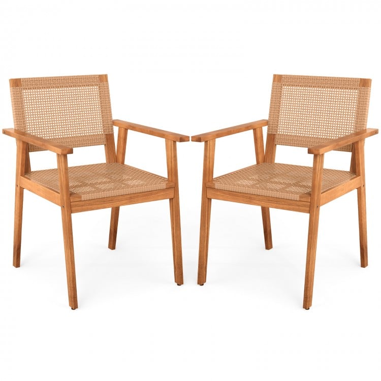 Acacia Wood Outdoor Dining Chairs Set of 2 PE Rattan Patio Chairs with Backrests and Armrests