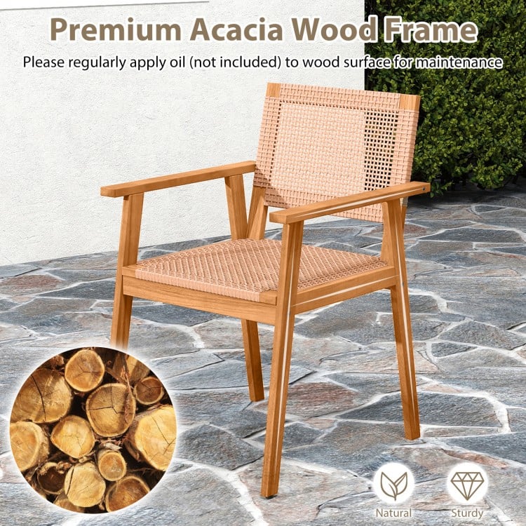 Acacia Wood Outdoor Dining Chairs Set of 2 PE Rattan Patio Chairs with Backrests and Armrests
