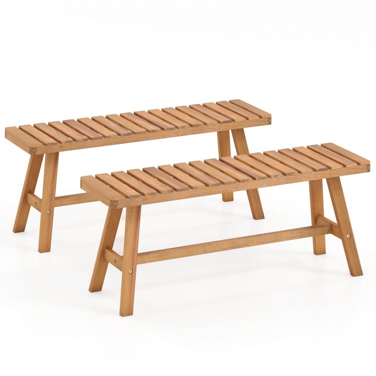 Acacia Wood Outdoor Garden Bench Set of 1/2 with Slatted Seat and 800 lbs Capacity-Set of 2