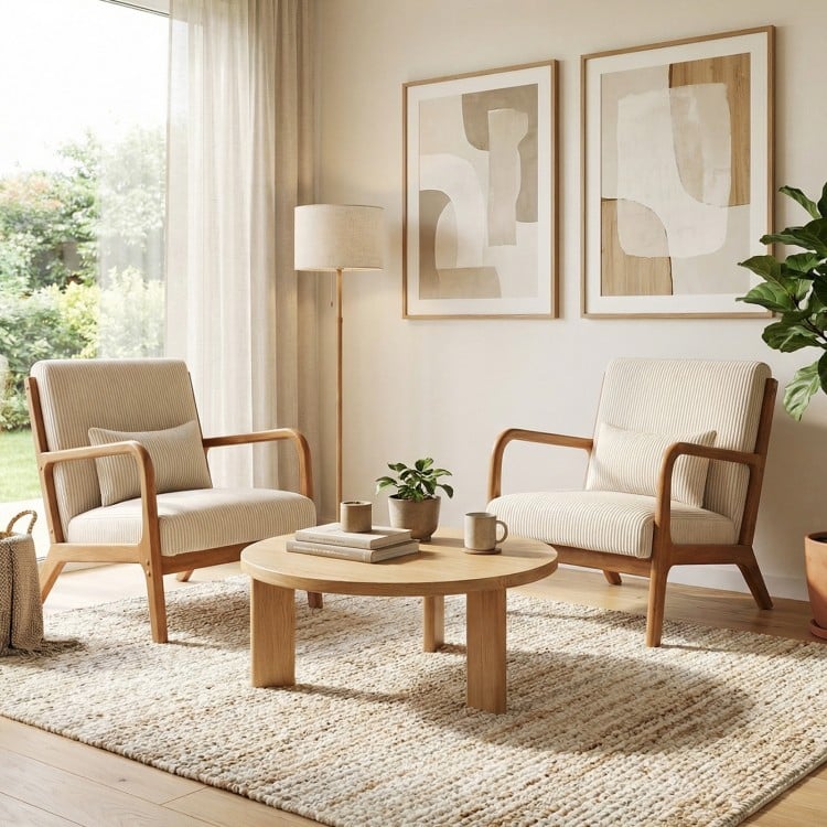 Accent Chair Corduroy Upholstered Lounge Chair with Lumbar Pillow-Beige