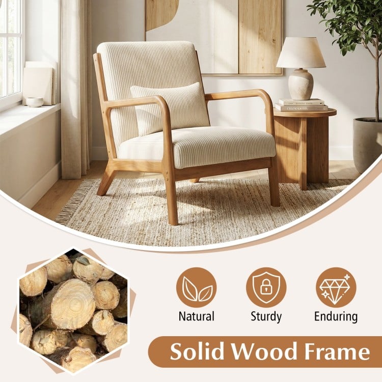 Accent Chair Corduroy Upholstered Lounge Chair with Lumbar Pillow-Beige