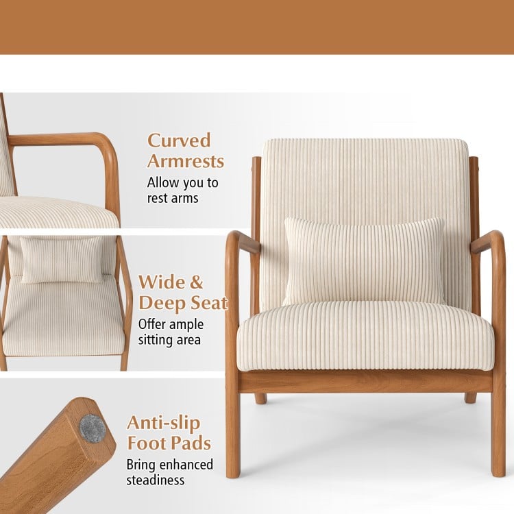 Accent Chair Corduroy Upholstered Lounge Chair with Lumbar Pillow-Beige