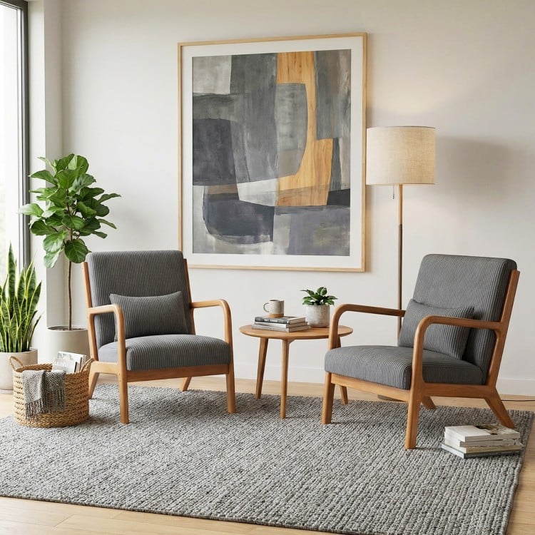 Accent Chair Corduroy Upholstered Lounge Chair with Lumbar Pillow-Gray