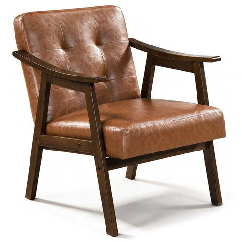 Accent Chair with Inclined Backrest, Tufted Faux Leather Upholstery & Soft Cushion – Walnut/Black