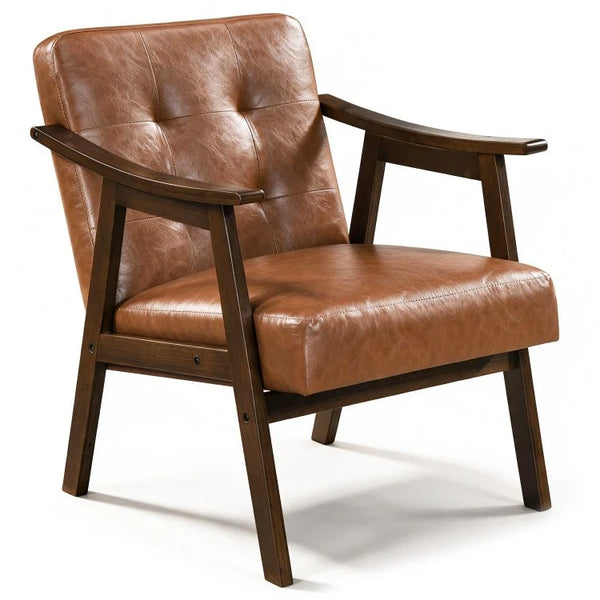 Accent Chair with Inclined Backrest, Tufted Faux Leather Upholstery & Soft Cushion – Walnut/Black