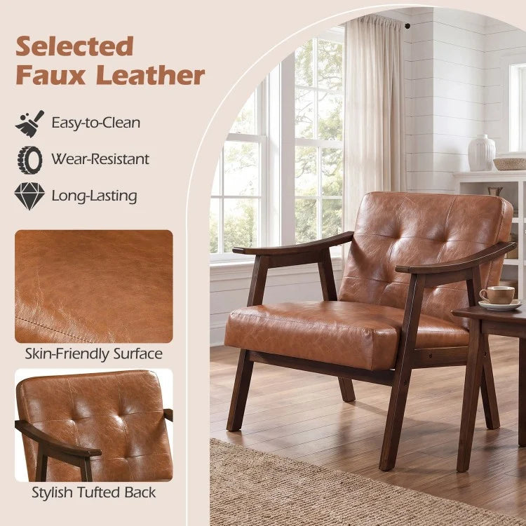 Accent Chair with Inclined Backrest, Tufted Faux Leather Upholstery & Soft Cushion – Walnut/Black