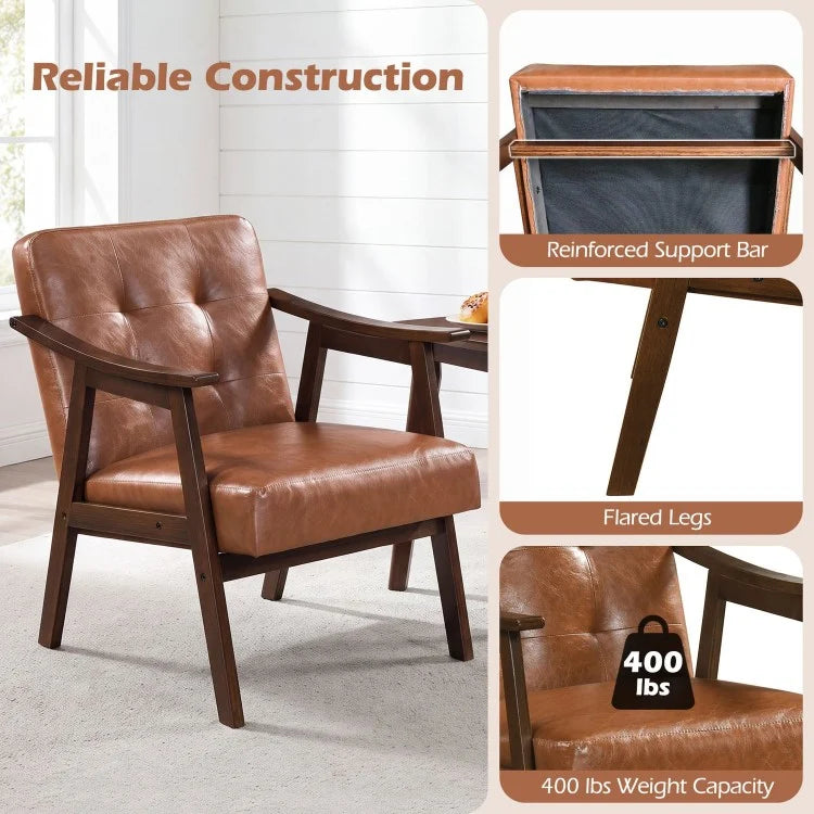 Accent Chair with Inclined Backrest, Tufted Faux Leather Upholstery & Soft Cushion – Walnut/Black