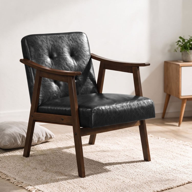 Accent Chair with Inclined Backrest, Tufted Faux Leather Upholstery & Soft Cushion – Walnut/Black