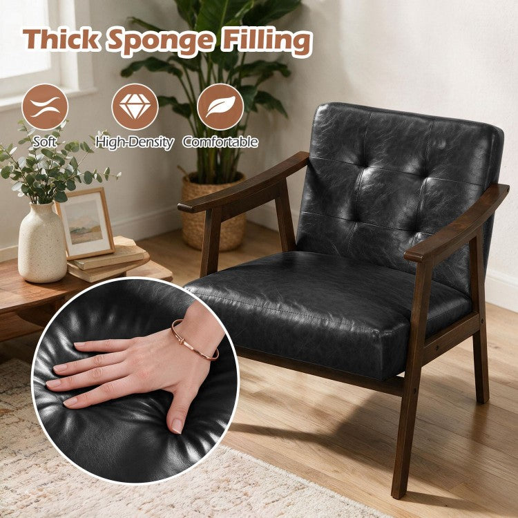 Accent Chair with Inclined Backrest, Tufted Faux Leather Upholstery & Soft Cushion – Walnut/Black