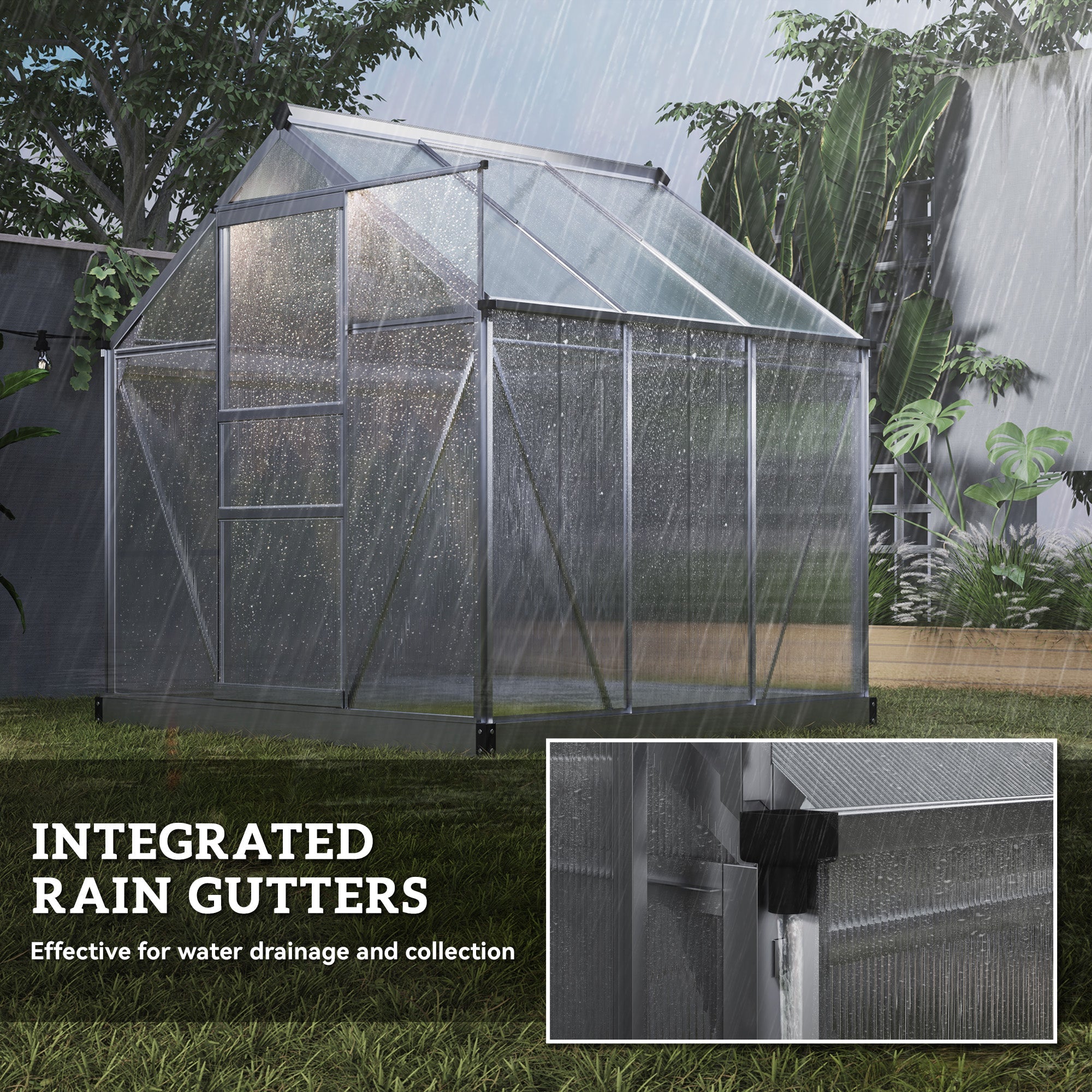 Outsunny 6' x 6' x 6.6' Polycarbonate Greenhouse, Walk-In Green House Kit Garden, Plants Grow, Galvanized Sheet Aluminum Frame with Rain Gutter, Vent and Sliding Door, Silver