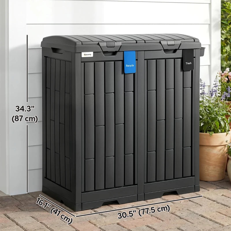 58 Gallon Double Outdoor Garbage Bin with Dual Lid, Plastic Outdoor Waste Trash Can with Ash Holder and Drip Trays