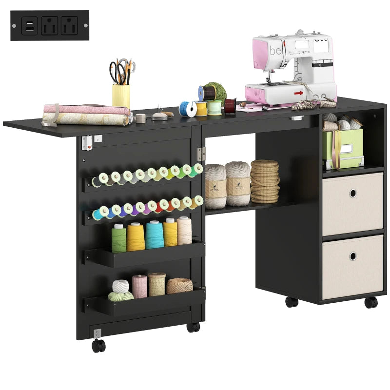 Rolling Sewing Machine Table with Power Outlet, Folding Craft Table with 2 Fabric Drawers, 2 Bins and 18 Pegs, Black