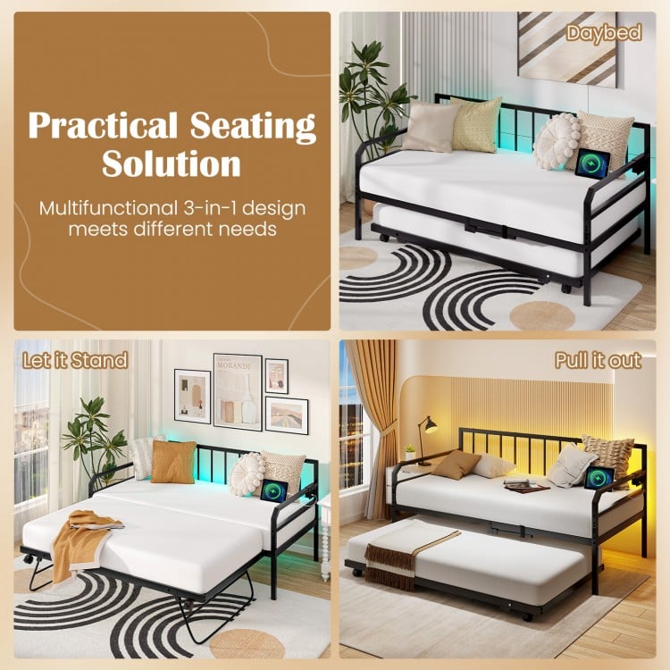 Adjustable Metal Twin Size Daybed with Charging Station and LED Light-Black