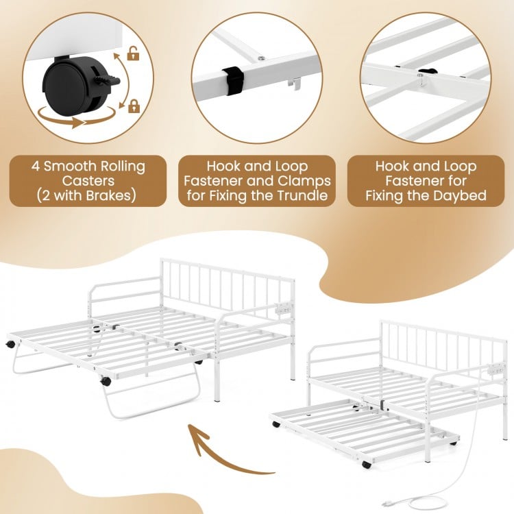 Adjustable Metal Twin Size Daybed with Charging Station and LED Light-White