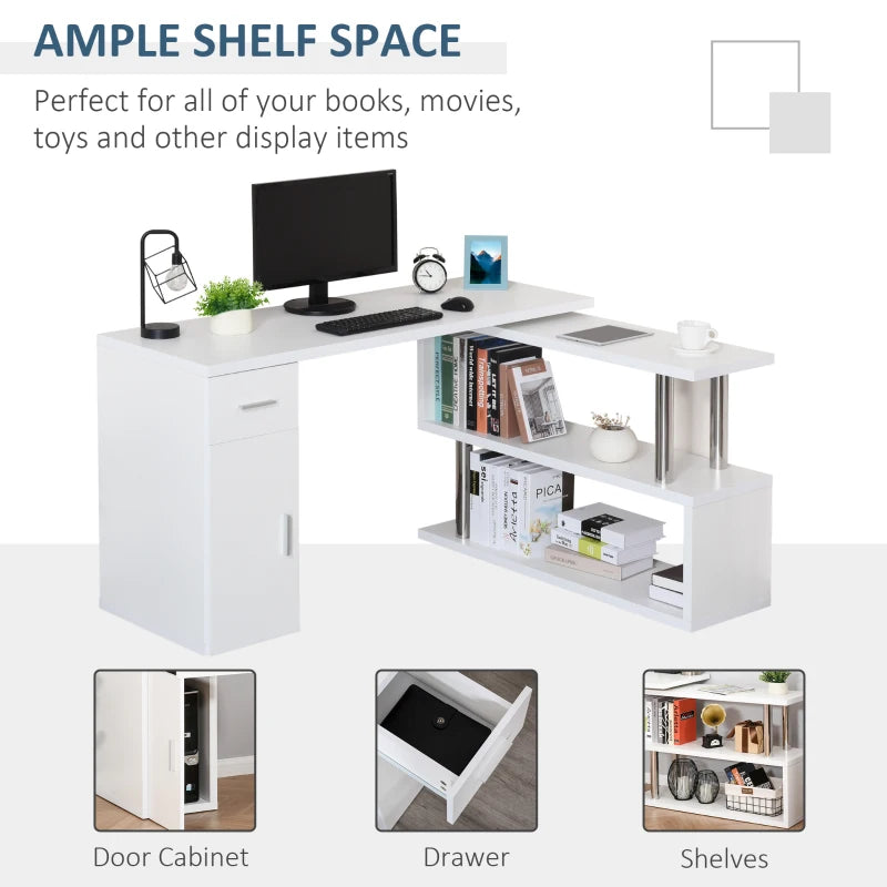 L-Shaped Rotating Computer Desk Home Office Study Workstation with Storage Shelves, Cabinet and Drawer for Home & Office, White